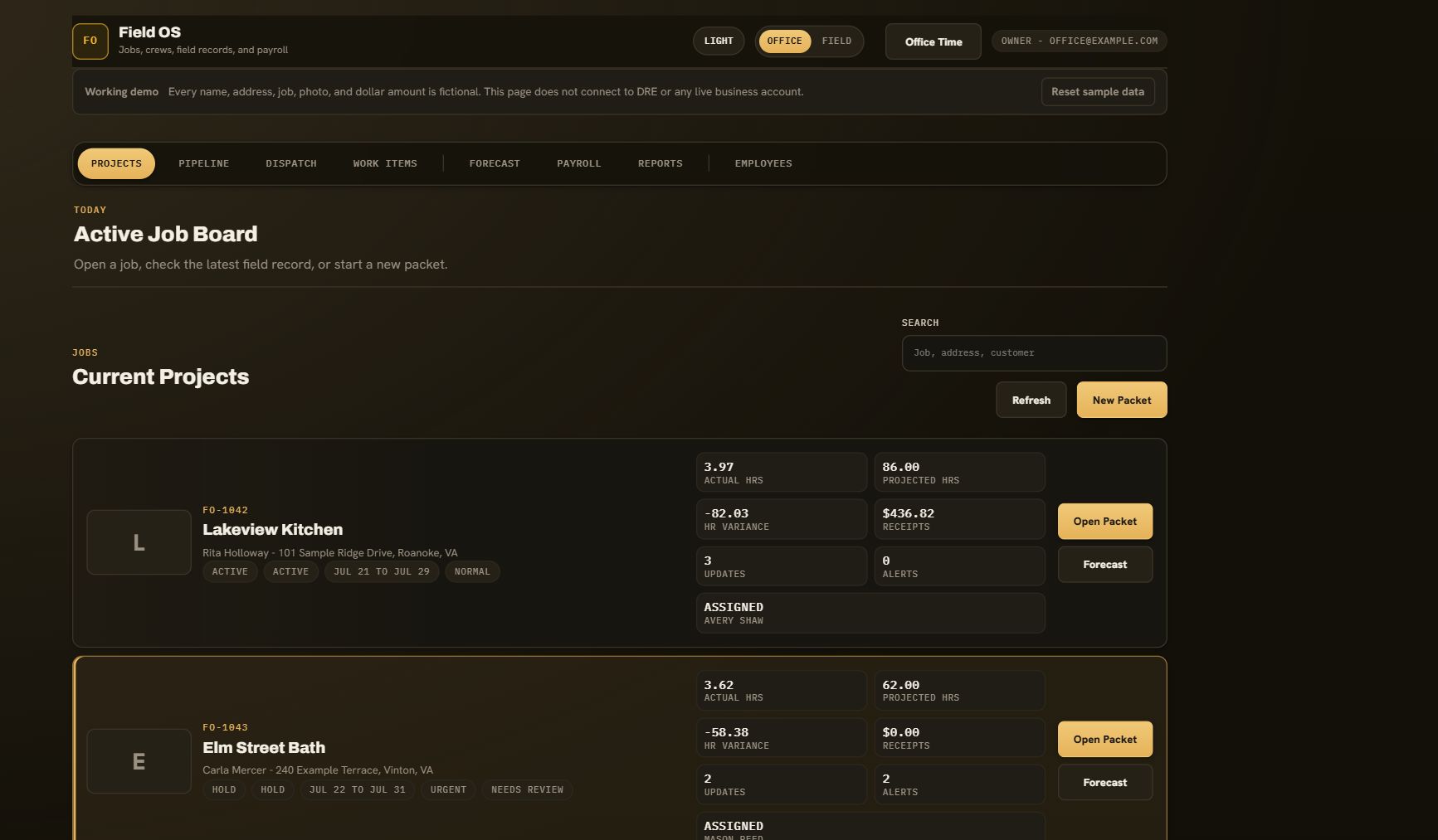 Field OS dashboard showing jobs, operational status, records, and costs